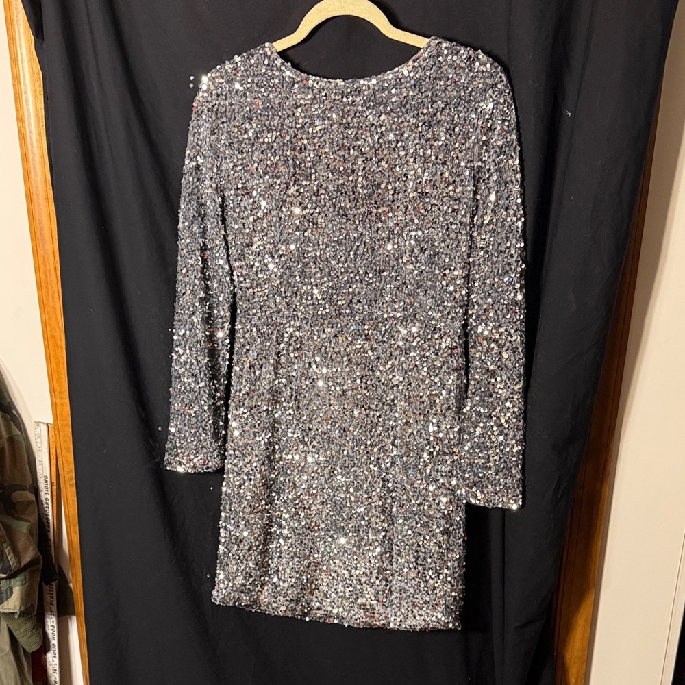 Silver Sequin Long Sleeve Dress